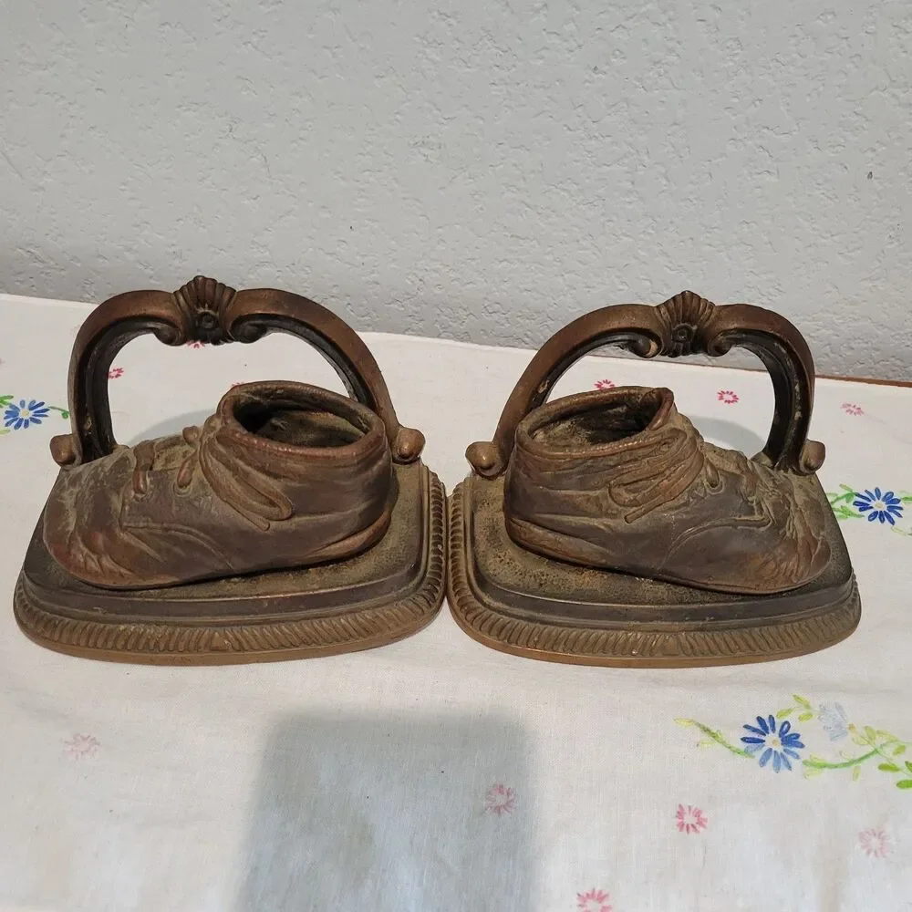 Vintage or Antique Baby Shoe Bookends Doorstop Bronze Heavy patina